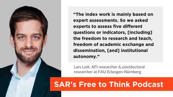 Tune in to hear how the Academic Freedom Index (AFI) data relies on assessments by 2,300+ country experts, standardized questionnaires, and a statistical model implemented & adapted by @vdeminstitute. 🎧: scholarsatrisk.org/podcast