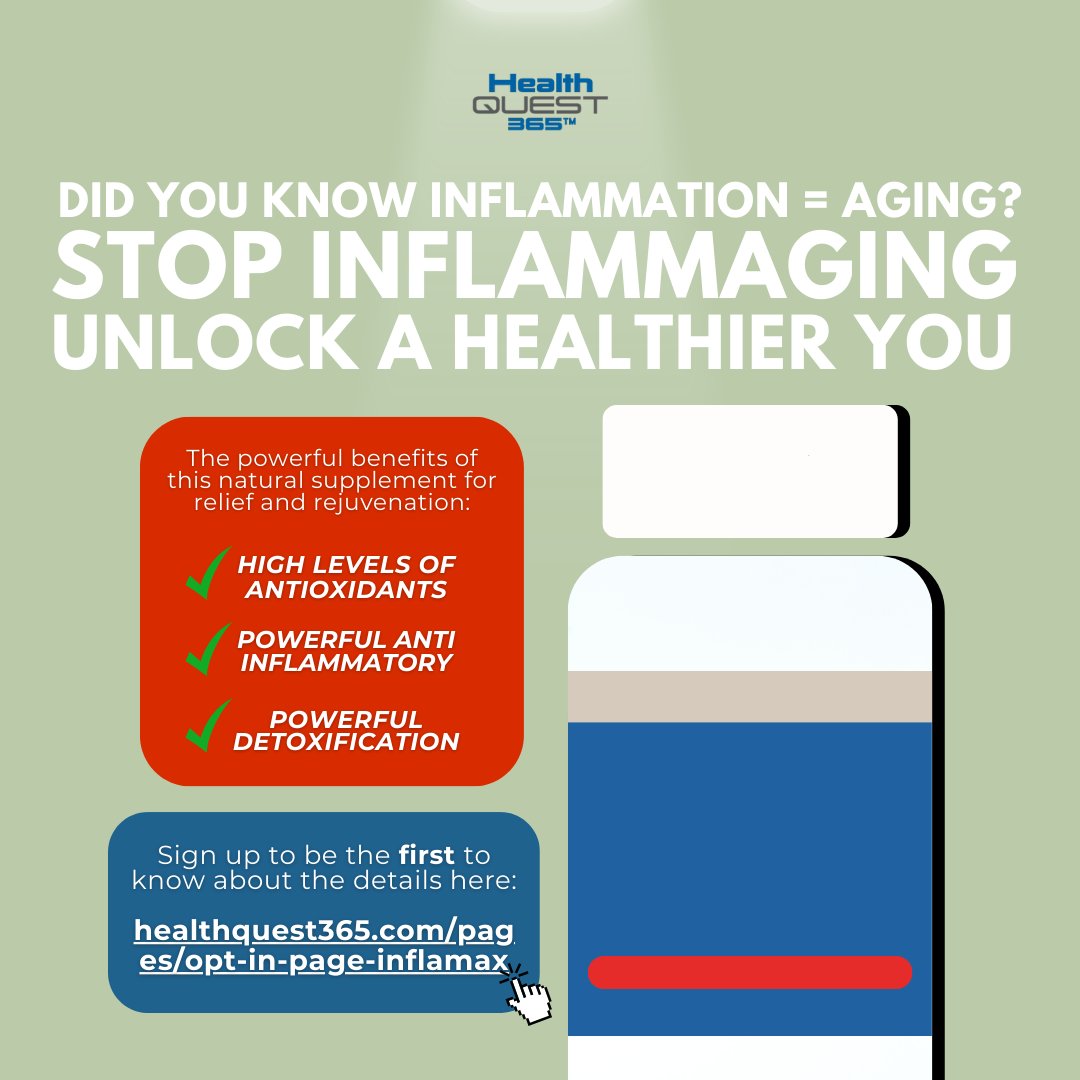 Your tool to fight INFLAMMAGING is on it's way! 🙏

Get ready for the big reveal, coming your way real soon.  ⭐

 📣 Secure your spot in line for exclusive access: healthquest365.com/pages/inflamax…

#wellness #lifestyle #inflammation #longevity #painrelief #clinicalresearch #disease