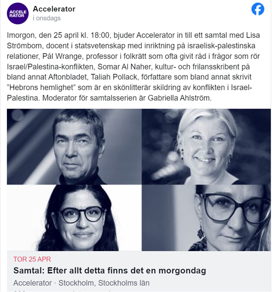 Igår deltog Lisa Strömbom i ett publikt panelsamtal om kriget mellan Israel och Hamas, arrangerat av Stockholms universitets konsthall Accelerator. fb.me/e/7uipa5zEl @Strombomlisa