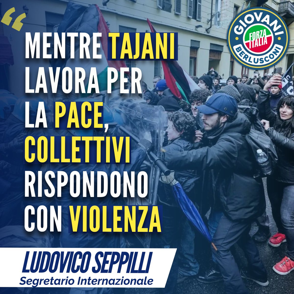 💬 @lseppilli (FI): “MENTRE TAJANI LAVORA PER LA PACE, COLLETTIVI RISPONDONO CON VIOLENZA” ‘’Mentre il Ministro @Antonio_Tajani lavora ogni giorno perché si raggiunga la pace, i collettivi studenteschi a Torino rispondono al suo arrivo con manifestazioni violente”