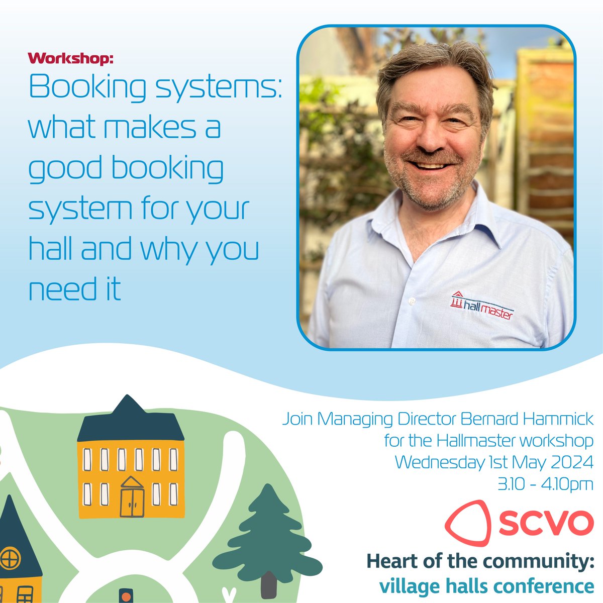 Join Managing Director <a href="/BernardHammick/">Bernard Hammick</a> for the Hallmaster workshop:

Booking Systems: what makes a good booking system for your hall and why you need it
01/05/2024
3.10-4.10pm

@scvoscot Heart of the Community: Village Halls Conference
Sponsored by Hallmaster 🏛
Link in bio