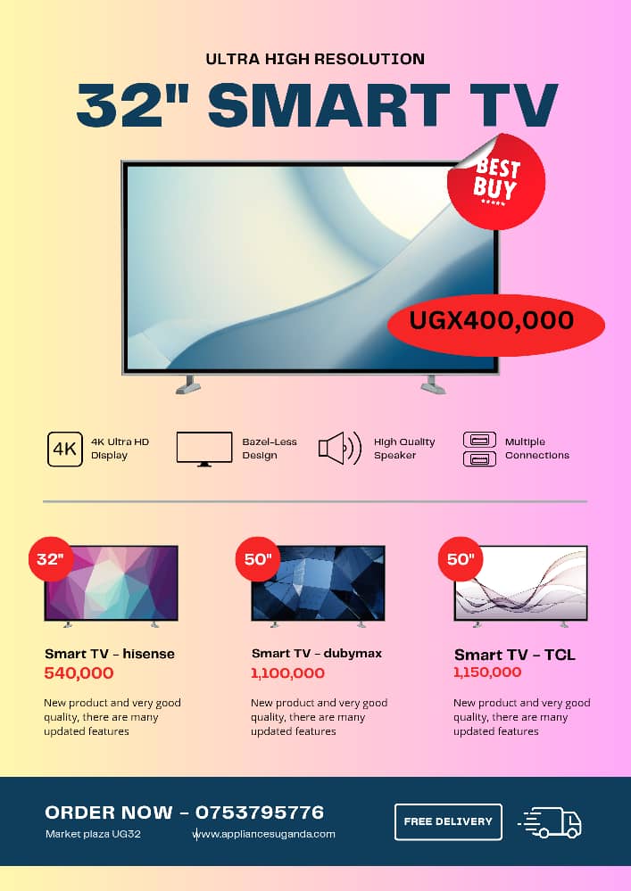 Don't miss out on this incredible deal and elevate your viewing experience with our smart TVs 🥳 Stream your favorite TV shows and movies with seamless connectivity Order via appliancesuganda.com #ApplianceUg 💯