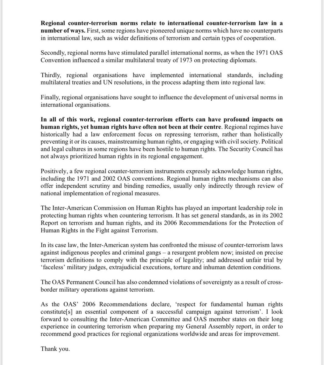 Pleased to address the Inter-American Committee against Terrorism in Washington DC on the protection of human rights by regional organisations when countering terrorism #CICTE24 @OEA_CICTE