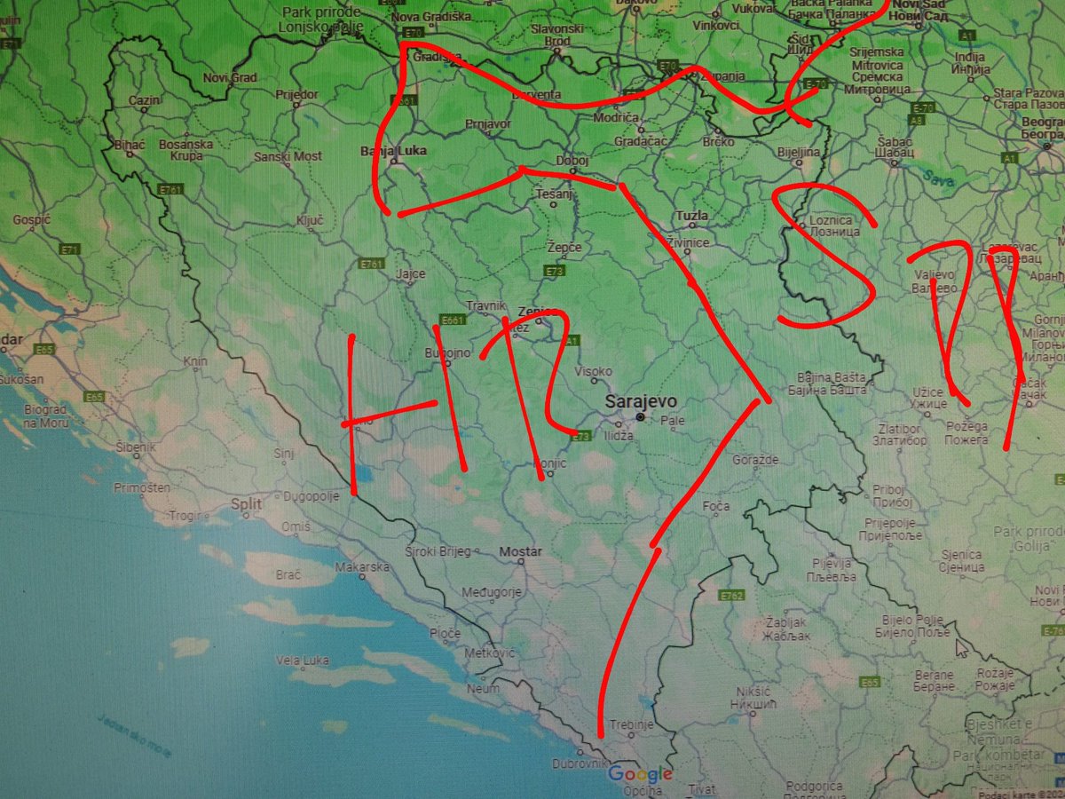 Znači ovako, Srbima ide: Gradiška i Banja Luka (to im je najzapadnija točka), Doboj, Brčko, Tuzla, Goražde, Foča, Trebinje.

Nama ide: Cazin, Livno, Mostar, Jajce, Sarajevo, Zenica, Žepče, Tešanj i Odžak pripojiti s gornje strane Slavoniji.