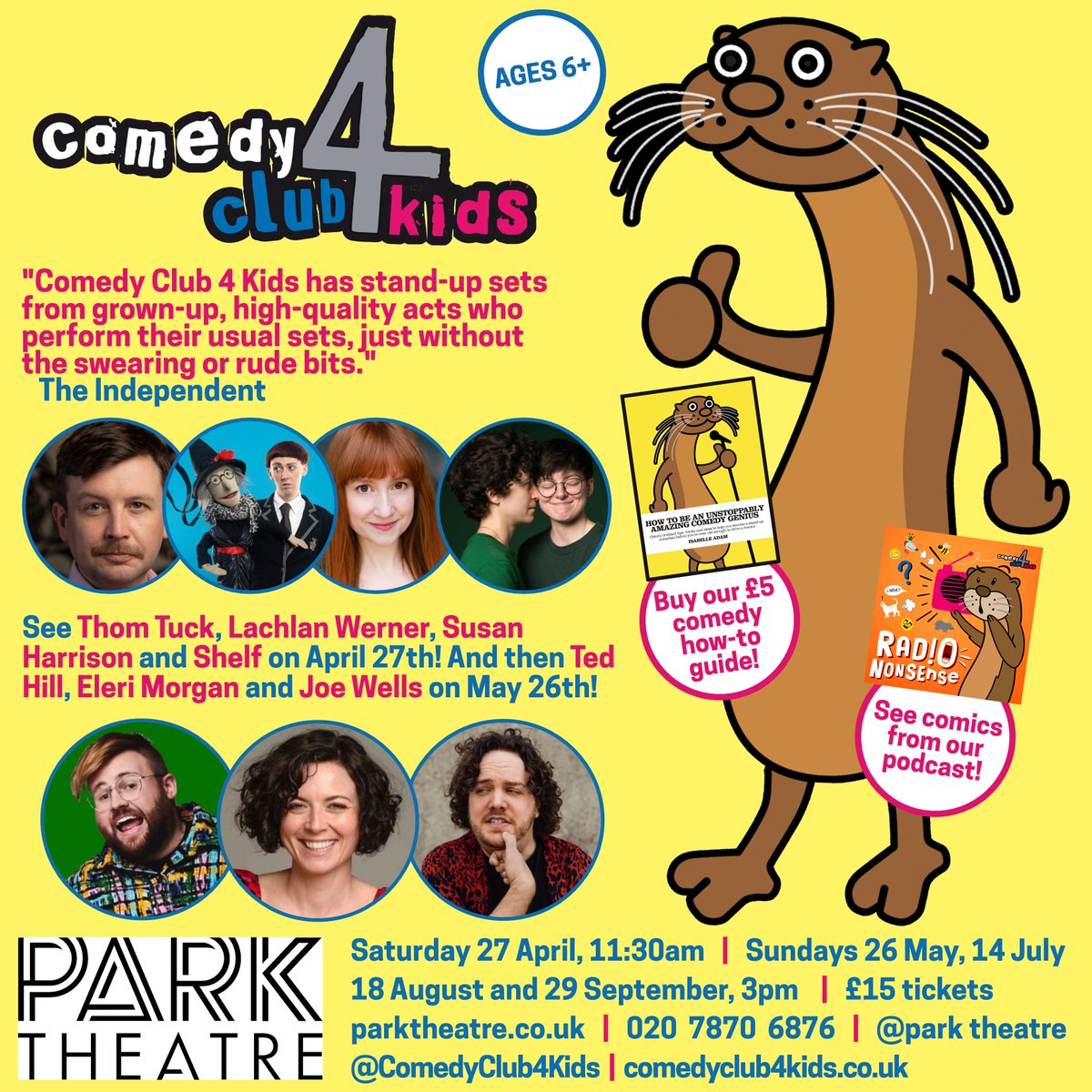 London! KIDS! We're back at Finsbury Park's @ParkTheatre on Saturday 27th April, with @turlygod MCing @LachyWerner, @SueHarrison123 and sketch duo @shelfcomedy! And then @thetedhill, @Eleri_Morgan and @joewellscomic on May 26th! More dates onsale soon! 🎟️parktheatre.co.uk/whats-on/comed…