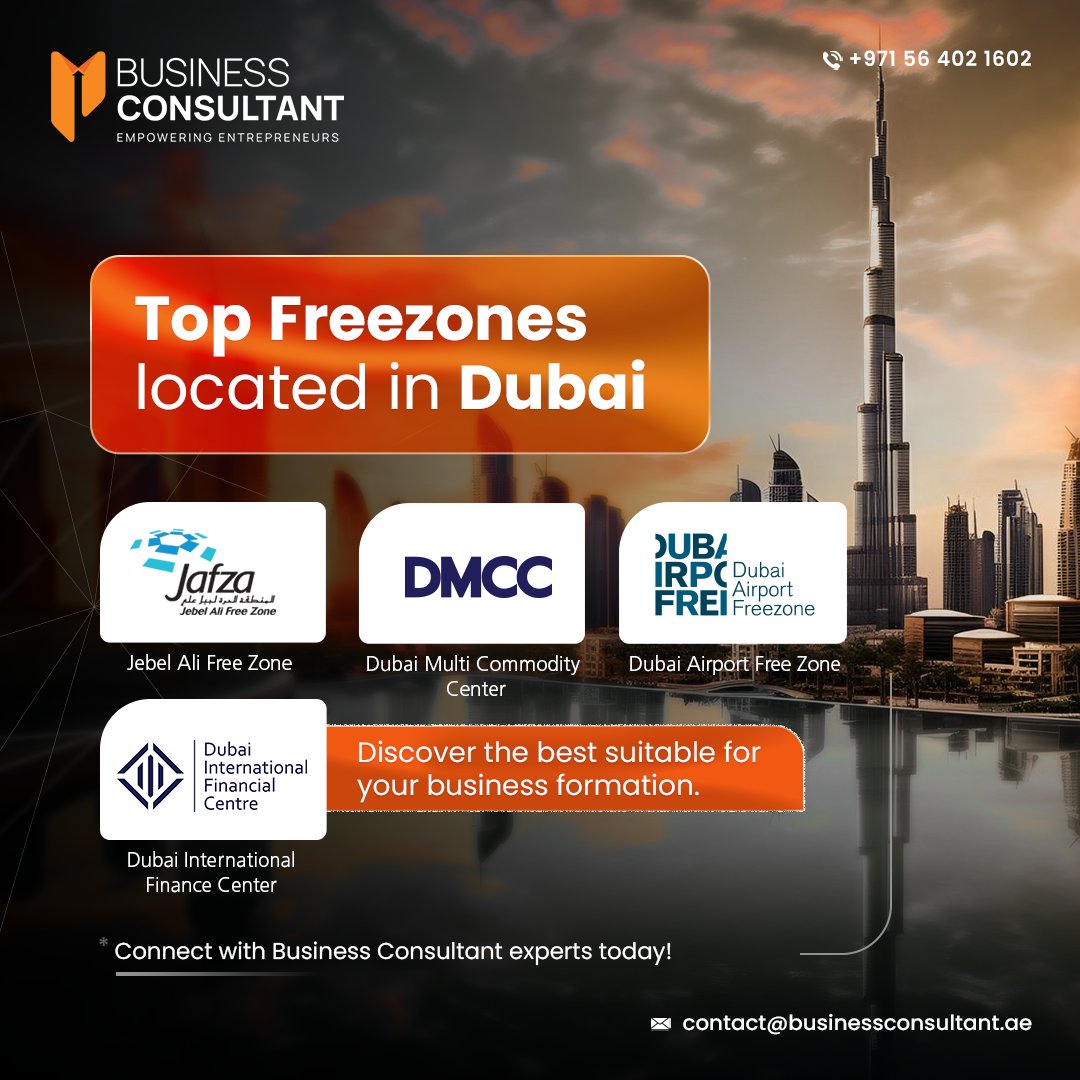 Discover Dubai's Top Freezones

Jebel Ali Free Zone (JAFZA)
Dubai Multi Commodity Center (DMCC)
Dubai Airport Free Zone (DAFZA)
Dubai International Finance Center (DIFC)

Explore unrivalled opportunities for entrepreneurs and businesses alike in the world-class infrastructure.