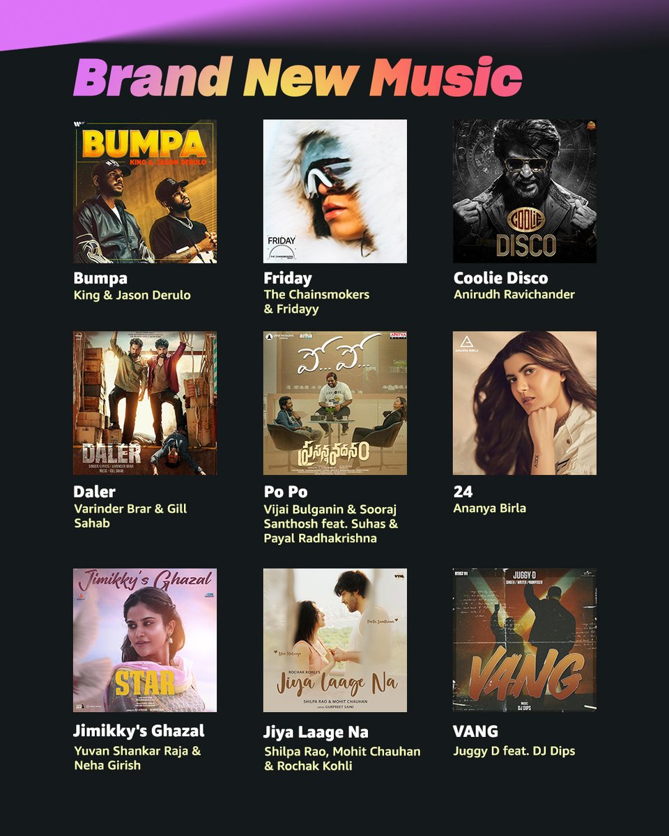 Making your 🎶 Friday 🎶 better with #BrandNewMusic 🥰
Tune in now - amzn.to/3ORBnVO 🙌

@TheChainsmokers @anirudhofficial @ananya_birla @thisisysr @shilparao11 @_MohitChauhan @JuggyD @jasonderulo @fridayy @ifeelkingOG