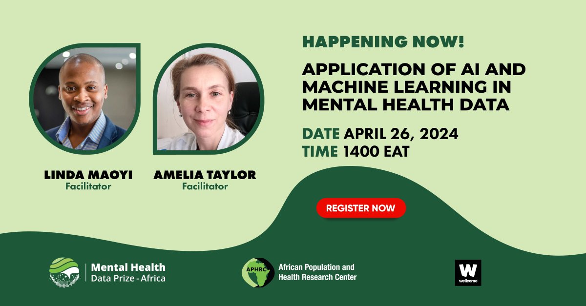Happening now: Join us for an exciting exploration of the latest trends in AI and Machine Learning applied to Mental Health Data with Linda Maoyi @saprin_mrc and Amelia Taylor @mubasmw. Tune in now!

 us02web.zoom.us/meeting/regist…

 #MentalHealthDataPrizeAfrica #DataForChange