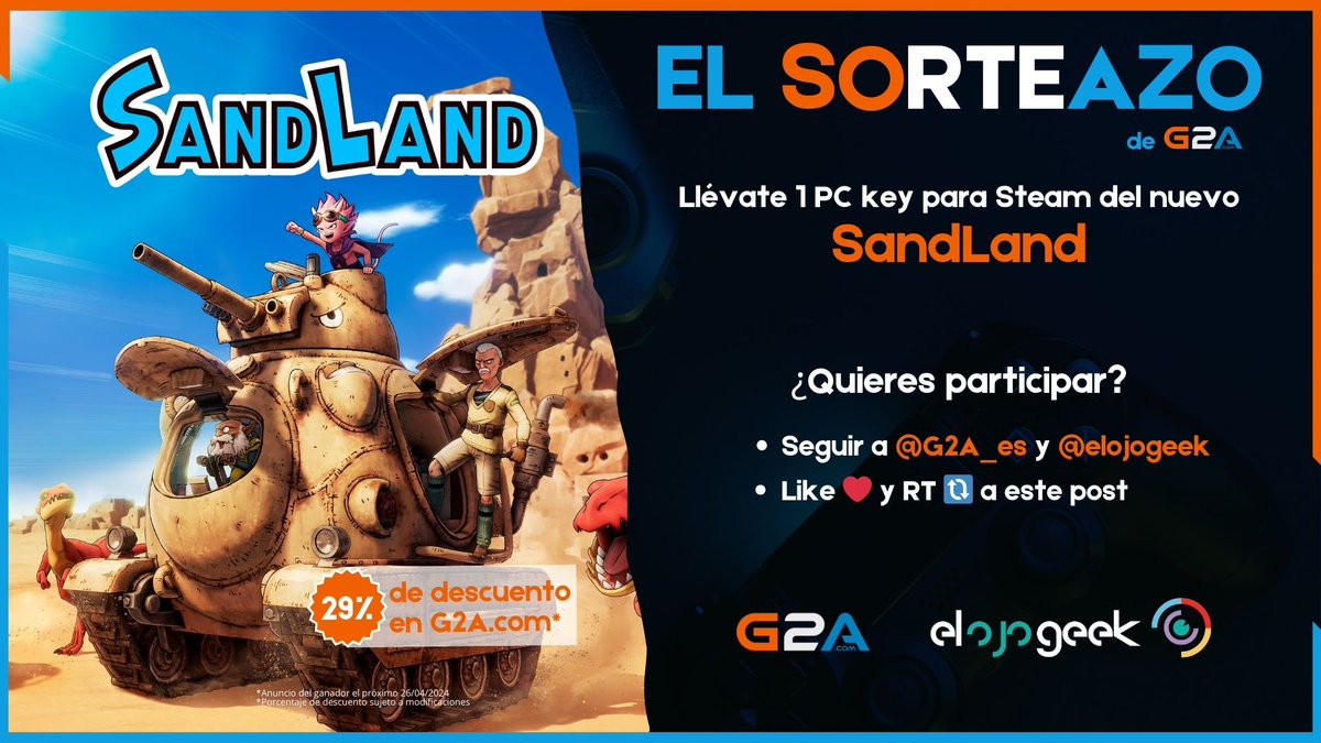 🤚 ALTO AHÍ 🤚 ¿Quieres jugar a #SandLand por la cara? 🔑 Participa y llévate una key del juego para Steam. Requisitos: · Seguir a @G2A_ES y @ElOjoGeek · Like ❤️ y RT 🔃 a este post Más info ⬇️