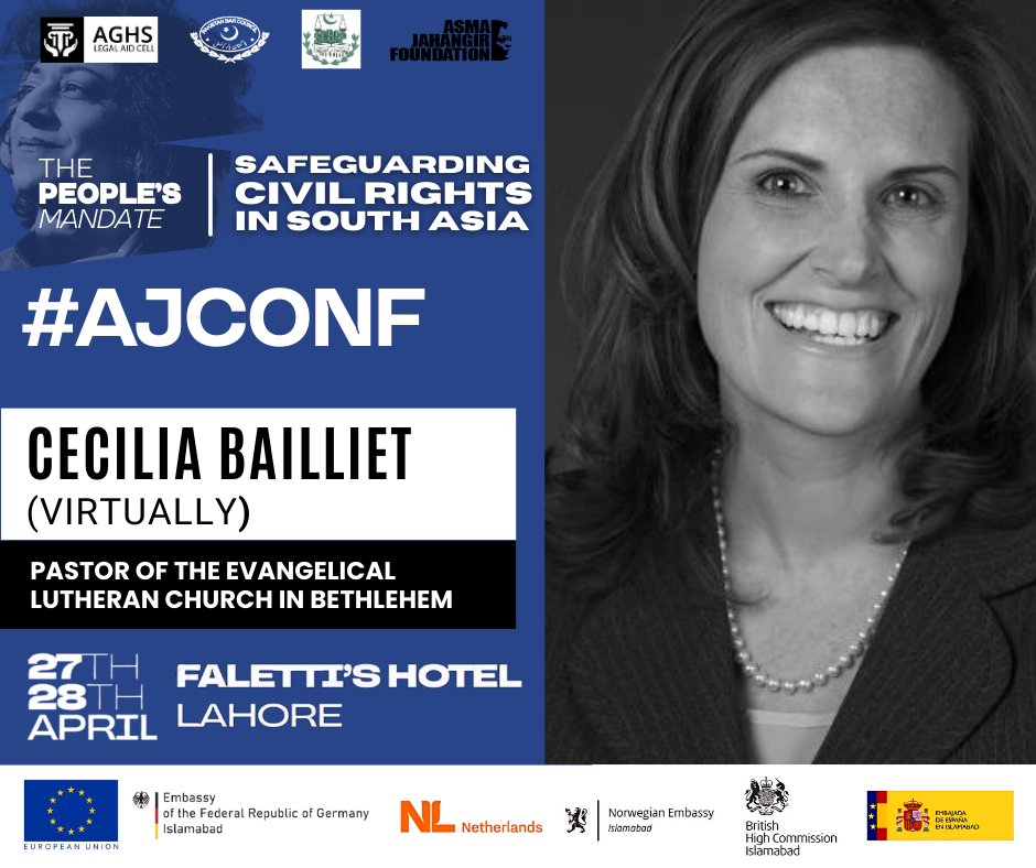 #AJCONF is here ! Pastor of the Evangelical Lutheran Church Bethlehem Cecilia Bailliet will be participating (virtually) in the #AsmaJahangir Conference 2024. Watch this space and follow @Asma_Jahangir for the event livestream on 27 - 28 April.