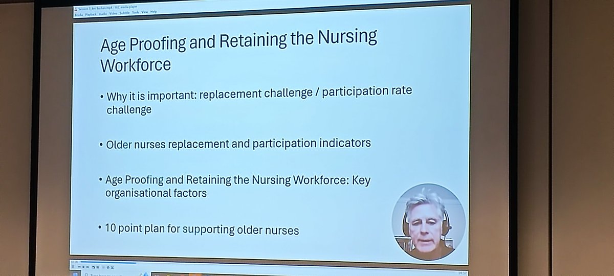 Jim Buchan presenting on valuing experience and retaining older nurses and midwives. This is a critical issue given that 17% of nurses globally are aged 55 or over, and 4.7 million 'new' nurses are needed in the next 5 years just to replace those who leave @RCNFoundation