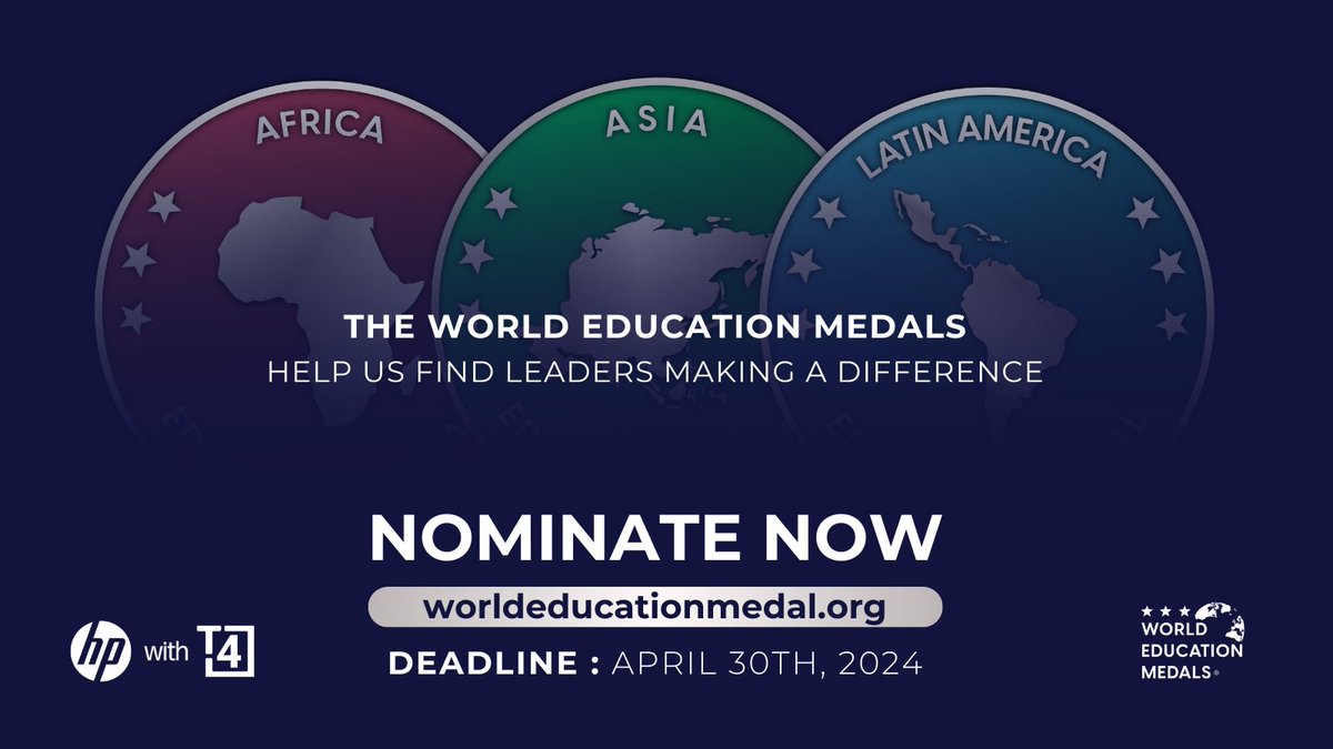 #WorldEduMedals, presented by T4 Education & @HP, celebrate individuals who ignite change and champion learning! 🌟🚀

Don't miss out on your chance to nominate education champions! Nominations close on 30th April. ⌛

#NominateNow:
eu1.hubs.ly/H08R7Ks0

#EducationExcellence