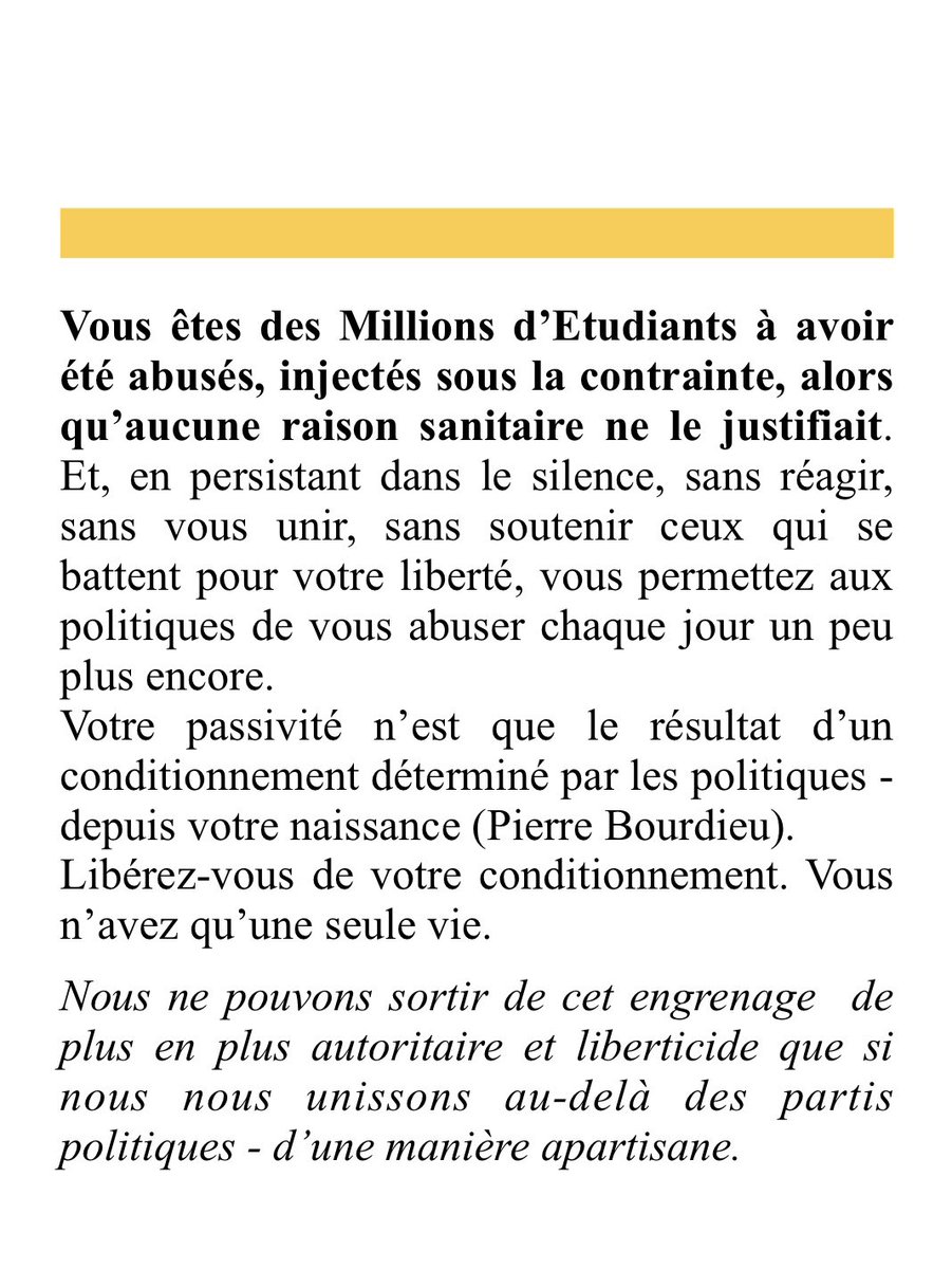 Où sont passés les étudiants ? Prenez le temps de vous poser, et de vous poser les bonnes questions : Quel sens pouvez-vous donner à votre existence en acceptant de vous soumettre face à des politiques corrompus qui abusent de plus en plus de votre nature bienveillante ?