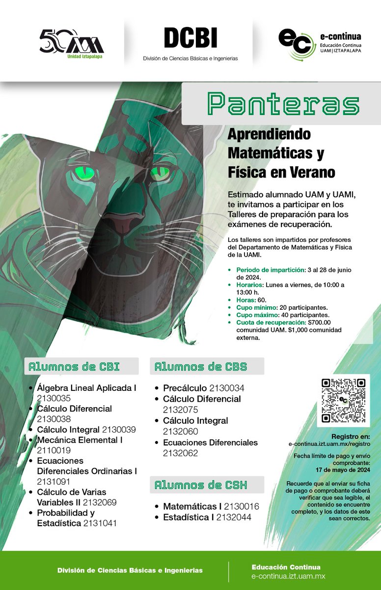 🐾#Panteras aprendiendo matemáticas y física en verano. Talleres de preparación para exámenes de recuperación
📣 JUNIO 3 AL 28
⌚ LUNES A VIERNES, DE 10:00 A 13:00 H
▶️ Registro en: e-continua.izt.uam.mx/registro
ℹ️ decbi@xanum.uam.mx
#Virtuami  #VidaUniversitaria #EducaciónContínua