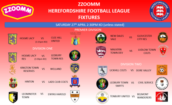 27/4 | Its the Penultimate weekend of the @zzoommfullfibre @HerefordshireFL season

There are 10 matches across all three divisions 👀👇⚽️

With @WellandJuniorFC being presented the Div 1 trophy 🏆
