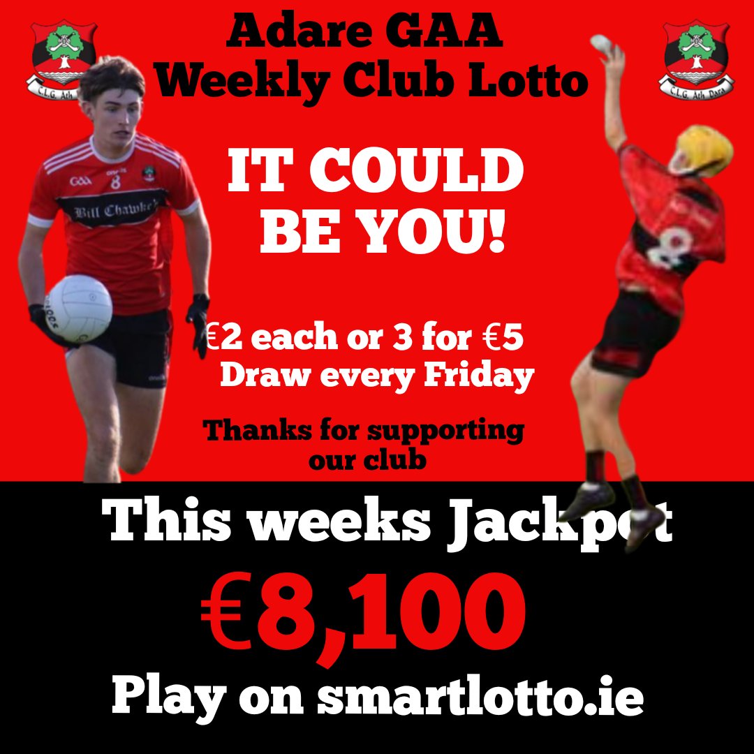Be in with a chance to win €8,100. Just play Adare GAA lotto by clicking this link: smartlotto.ie/adare-gaa. Thank you❤️🖤