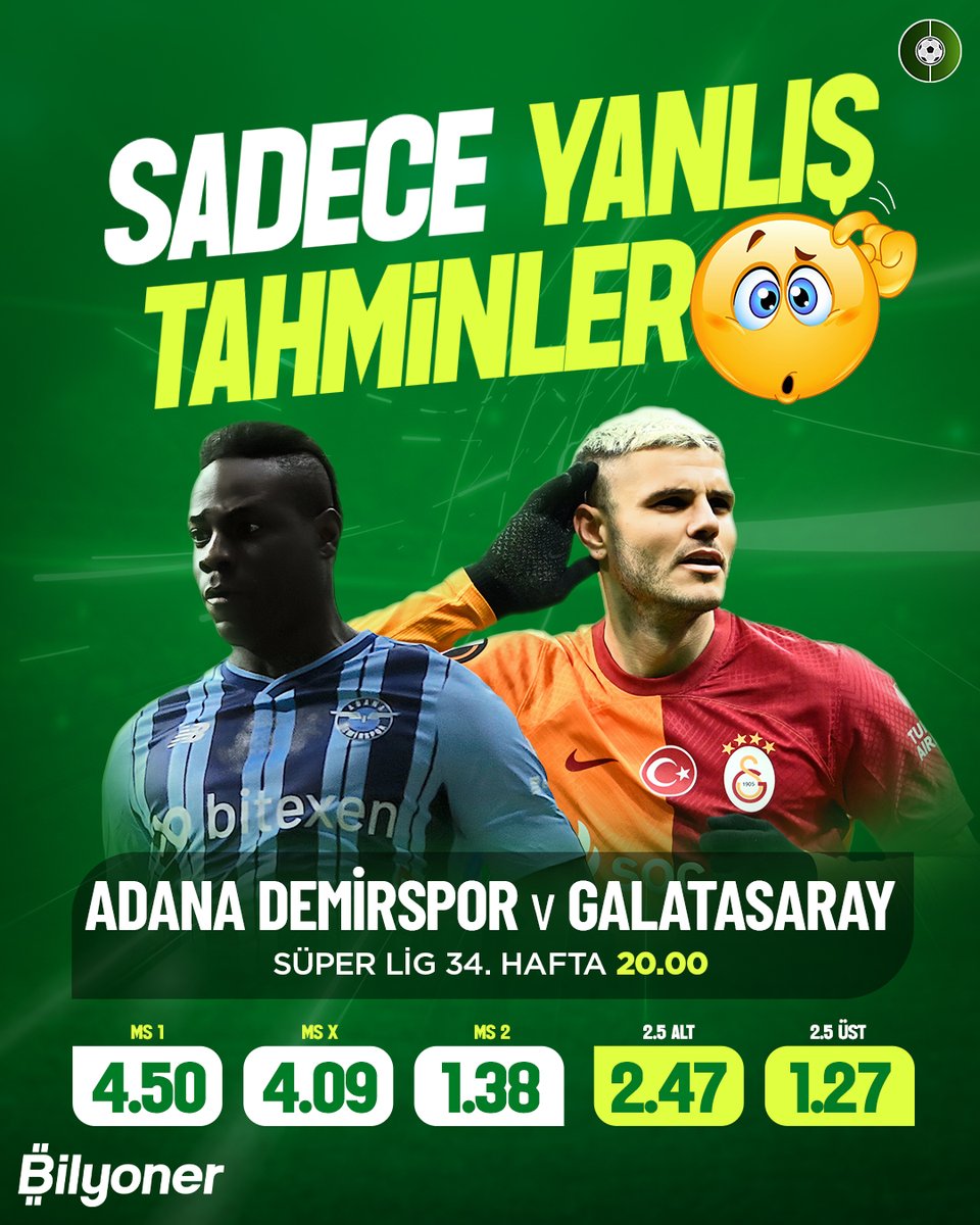 ⚽ Adana Demirspor - Galatasaray | Sadece yanlış tahminlerinizi alalım. 👀 📲 Maçın Eğlencesi Bilyoner'e Girdiğin An Başlar! HEMEN OYNA! ➤ bit.ly/BilyonersenKaz…