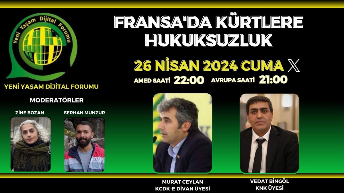 Son süreçte Fransa'da Kürt Aktivist ve Yurtseverlere karşı başlatılan anti-demokratik uygulamaları ve 27 Nisan'da Paris'de gerçekleşecek eylemi konuklarımızla konuşacağız. 📆26 NİSAN 2024 CUMA (BU AKŞAM) ⏰AMED SAATİ 22:00 ⏰AVRUPA SAATİ 21:00 🎙️KONUKLAR @Vedat_Bingol…