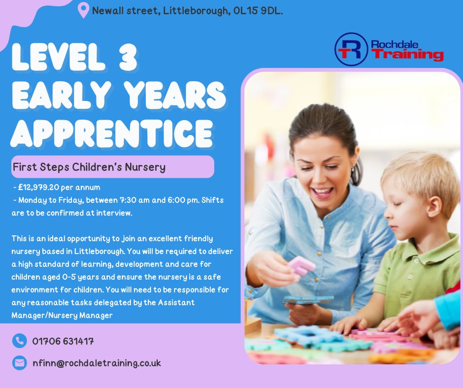 We have a new opportunity available for those looking to start or develop their career in Childcare! For more information and how to apply, please visit: rochdaletraining.co.uk/early-years-ed… 🏫

#EarlyYears #Childcare #Apprenticeship #EarnWhileYouLearn #Training @SeeDifferentHub