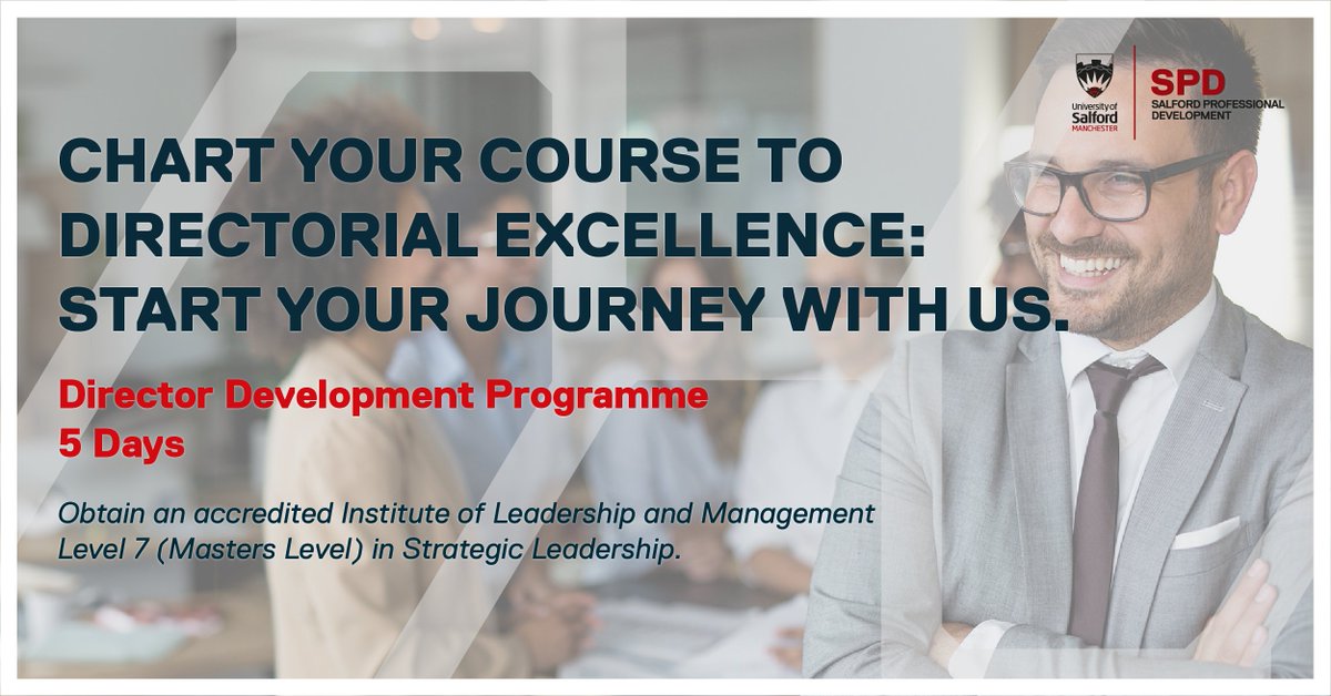 SalfordUni_SPD's tweet image. Are you ready to take your leadership skills to the next level? Join us at the Director Development Programme offered by Salford Professional Development!

Learn more and enroll now: lnkd.in/eiYeRu93 

#DirectorDevelopment #LeadershipTraining #CareerGrowth #DDP