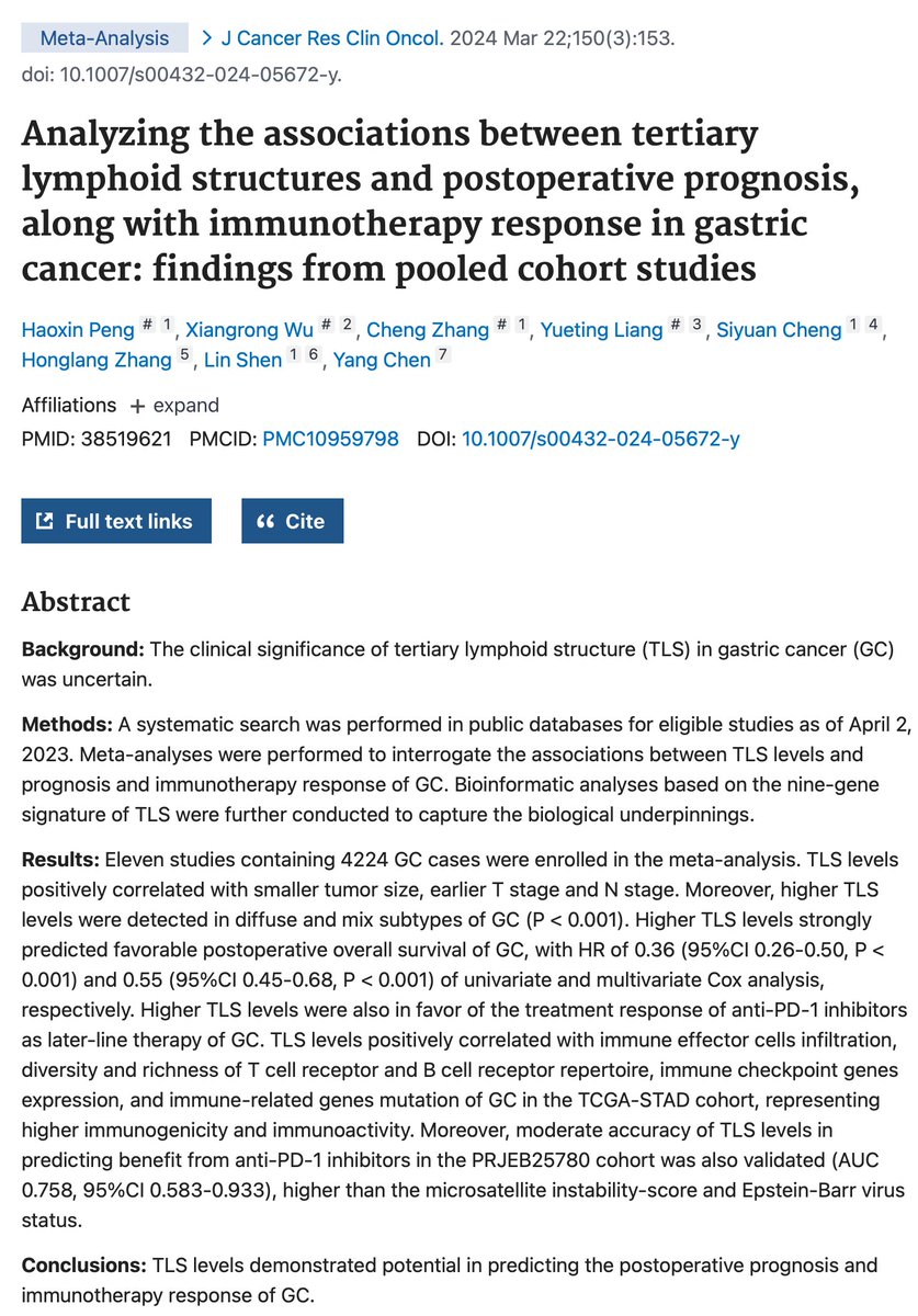 Study on 4224 gastric cancer patients shows high tertiary lymphoid structures (TLS) levels are linked to better survival and immunotherapy response. #GastricCancer #Immunotherapy #CancerResearch
