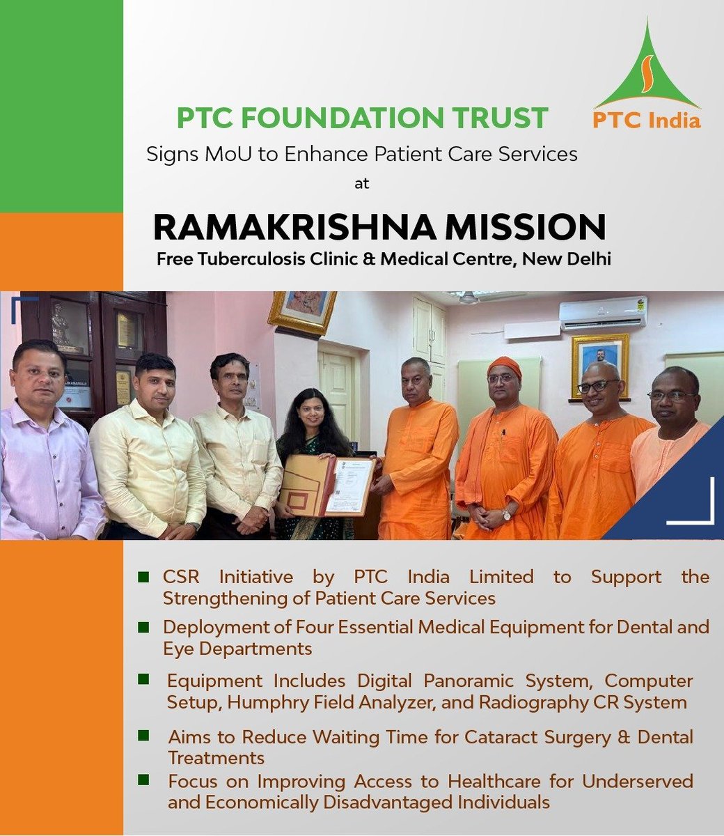 PTC Foundation Trust partners with Ramakrishna Mission Free Tuberculosis Clinic &amp; Medical Centre, New Delhi, to deploy vital medical equipment to reduce waiting times for cataract surgeries and dental treatments. Together, we're ensuring quality care reaches the underserved.