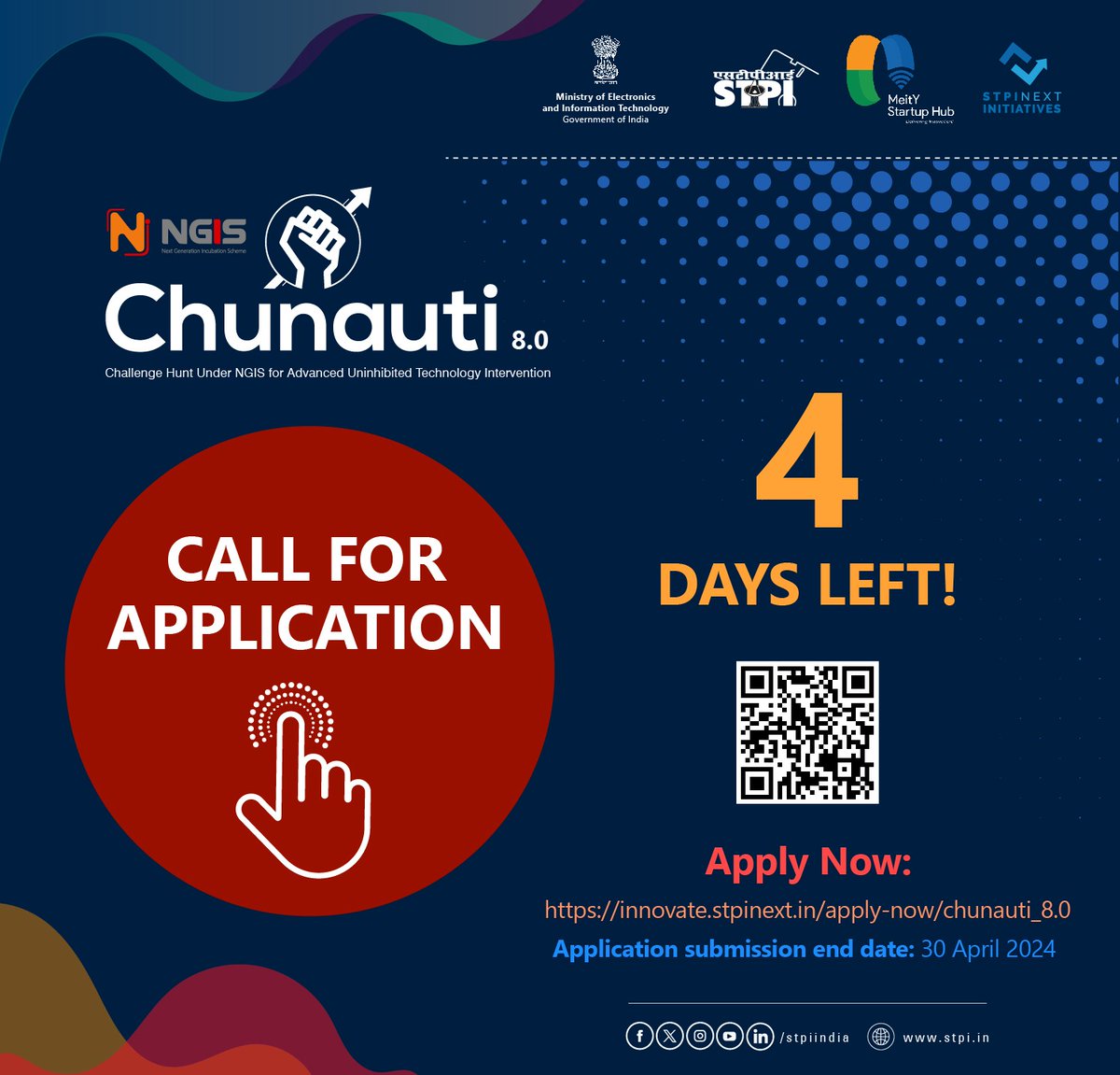 4 days to go!! Calling all #Startups! & Innovators, working in emerging tech, to be a part of #NGIS #CHUNAUTI 8.0 and make a global impact. Apply Now: innovate.stpinext.in/about-us/chuna… End Date: 30 April 2024.