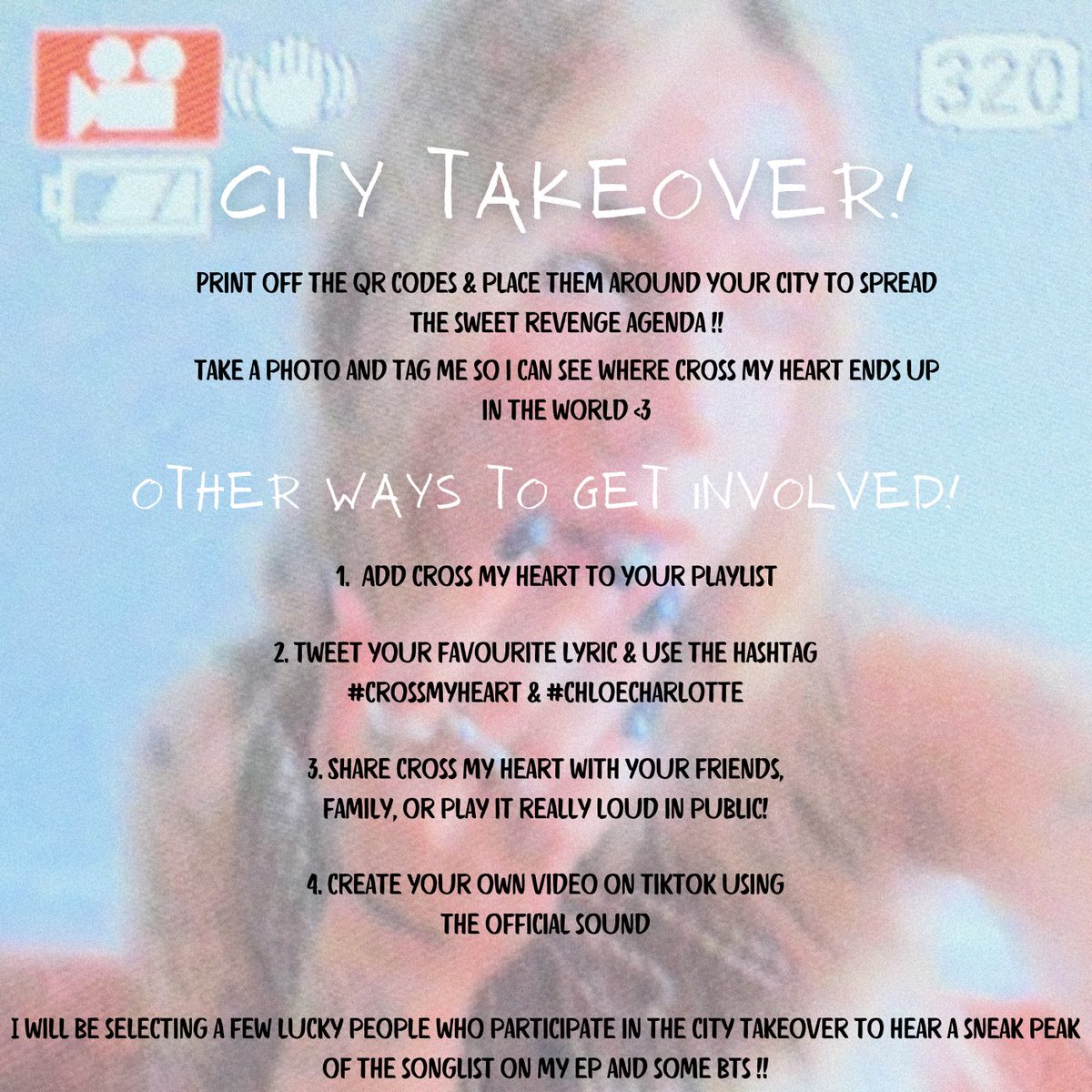 chlocharrlotte's tweet image. Want to help spread the word for Cross my Heart ??? 💋 get involved with the challenge!

I will be selecting a handful of people who get involved in the CITY TAKEOVER to hear a sneak peak of the song list for my EP once it’s finished &amp;amp; some bts footage!! 
Everyone who takes part…