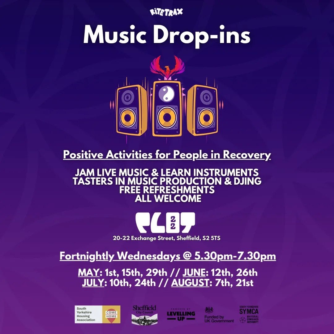 Join Plot 22 in their fortnightly music drop-ins offering a taste of live music playing, music production and DJing! All part of a wider offer of Positive Activities for People in Recovery here in Sheffield!