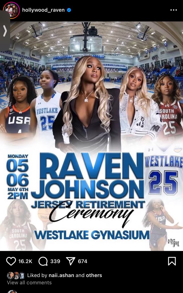 Come out and celebrate Raven Johnson as we retire her jersey #25 on May 06,2024 at the Lions Den Westlake High School! #1 PG💙💙Let’s gooooo!!