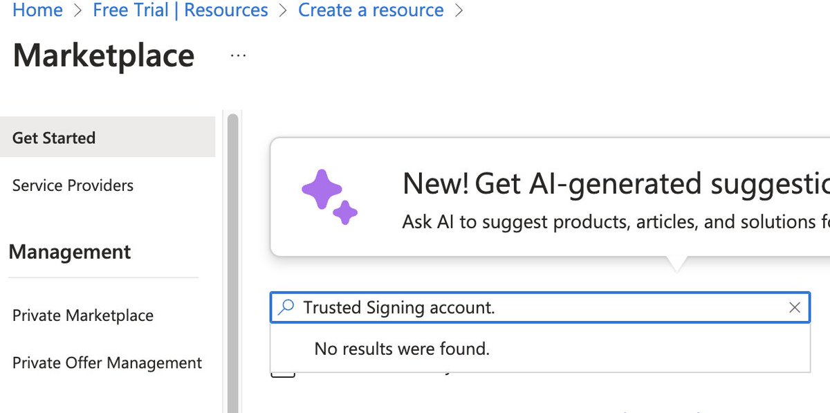 @AzureSupport I created a new trial account and again the option to create Trusting signing account is missing. I was never asked to pick a region either - my country has been preset to Bulgaria. Not sure which region was assigned. Can you help me out?