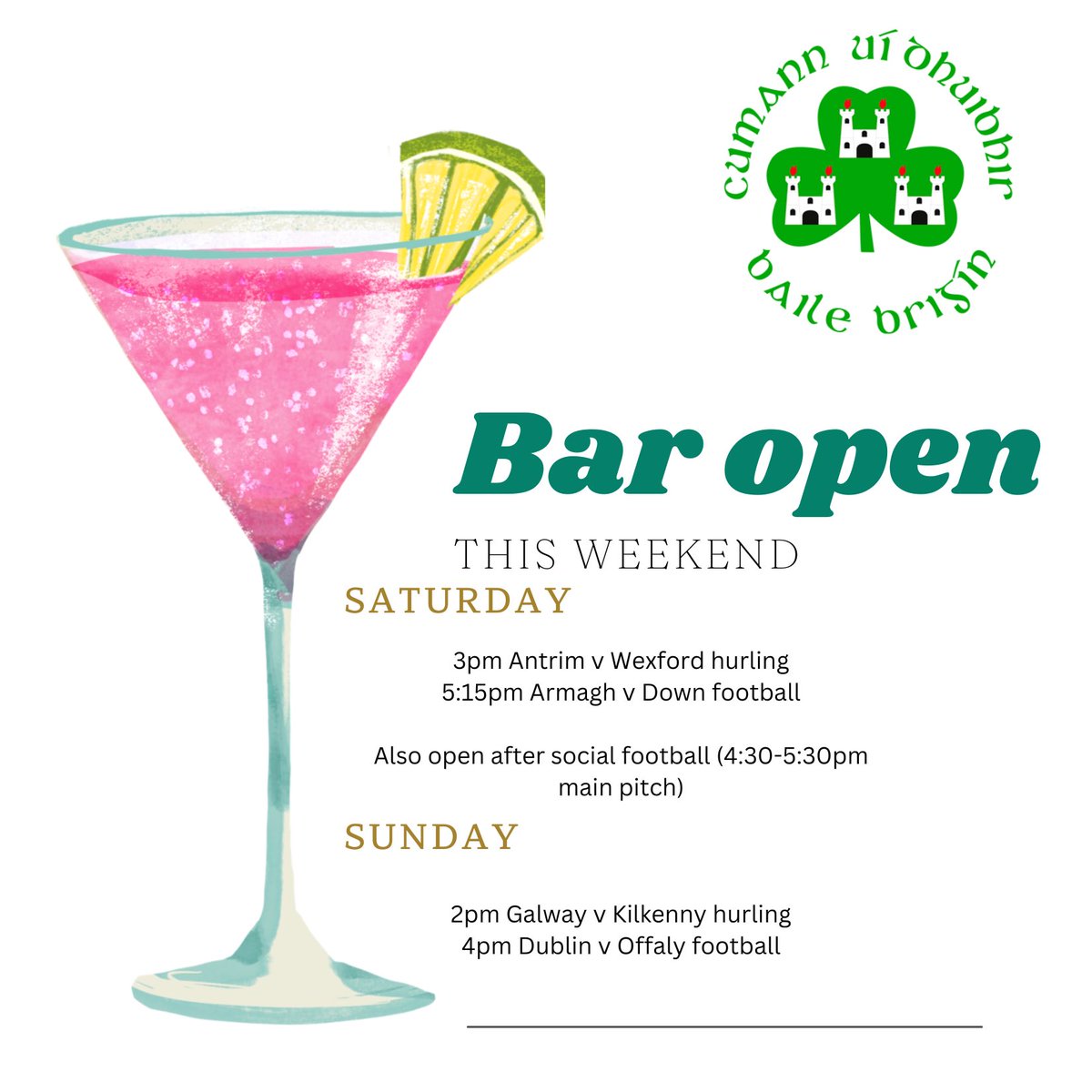 Bar open this weekend with plenty of games on show!! Open 3pm on Saturday and 2pm on Sunday🎉💚🙌🏼