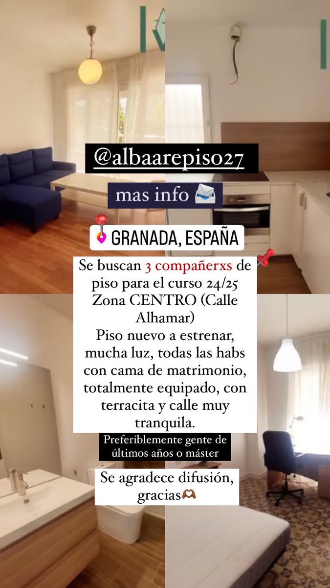 Se busca 3 compañero o compañera (s) de piso para el curso 2024/2025 en Granada . Mas info, habladme por insta: albaarepiso27 📨

Preferiblemente gente de últimos años o máster. 

#pisosgranada #alquilerpiso #cotilleosugr #ugr #alquilerpiso #granada <a href="/Cotilleos_UGR_/">Cotilleos UGR ❤️</a>