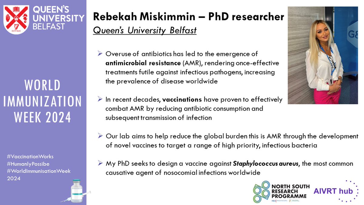 #AIVRT #QUB PhD Researcher Rebekah Miskimmin with @dr_beckie created this info slide on the benefits of #vaccines and their current research. Check it out! #AIVRT is supporting #WorldImmunizationWeek, #AIVRT #QUB #SavingLivesThroughImmunization #HumanlyPossible @hea_irl #NSRP