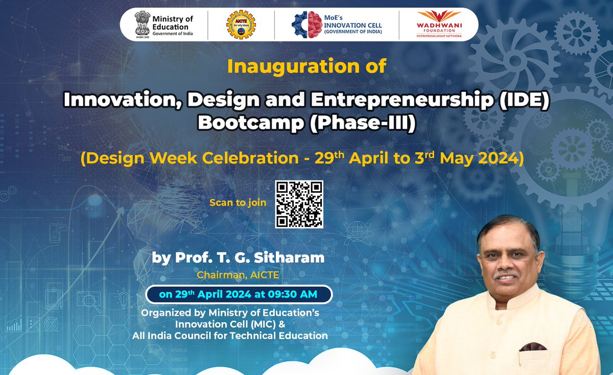 Prof. T. G. Sitharam, Hon'ble Chairman @AICTE_INDIA , will launch the Innovation, Design, and Entrepreneurship (IDE) Bootcamps (Phase III) at nine locations on April 29, 2024, at 9:30 a.m. in an online mode.
To watch:youtube.com/watch?v=rYSyhw…
@EduMinOfIndia @SITHARAMtg @abhayjere