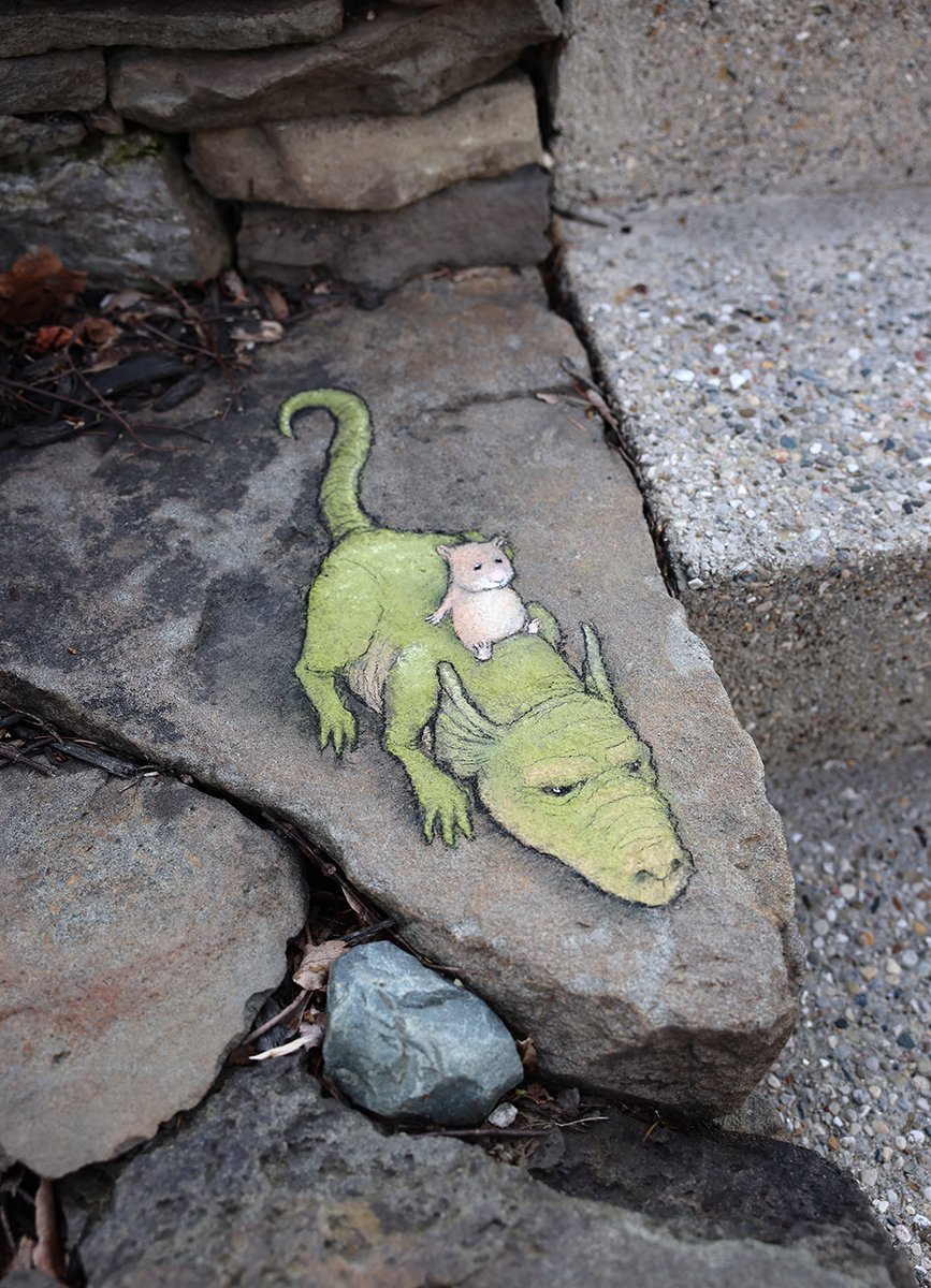 Angharad is a fierce and solitary hunter, but sometimes her back gets itchy. #StreetArt #SidewalkChalk #dragon #hamster #ridealong #backwarmer