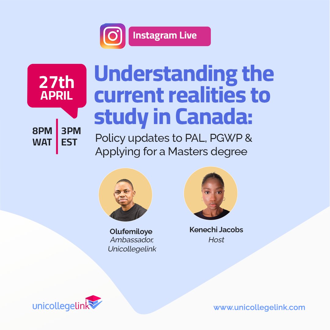 Write down all of your questions and concerns because you would have plenty of opportunities to ask them. Do not forget to follow us on Instagram Date: Saturday, April 27th 2024 Time: 8pm WAT & 3pm EST Topic: UNDERSTANDING THE CURRENT REALITIES TO STUDY IN CANADA