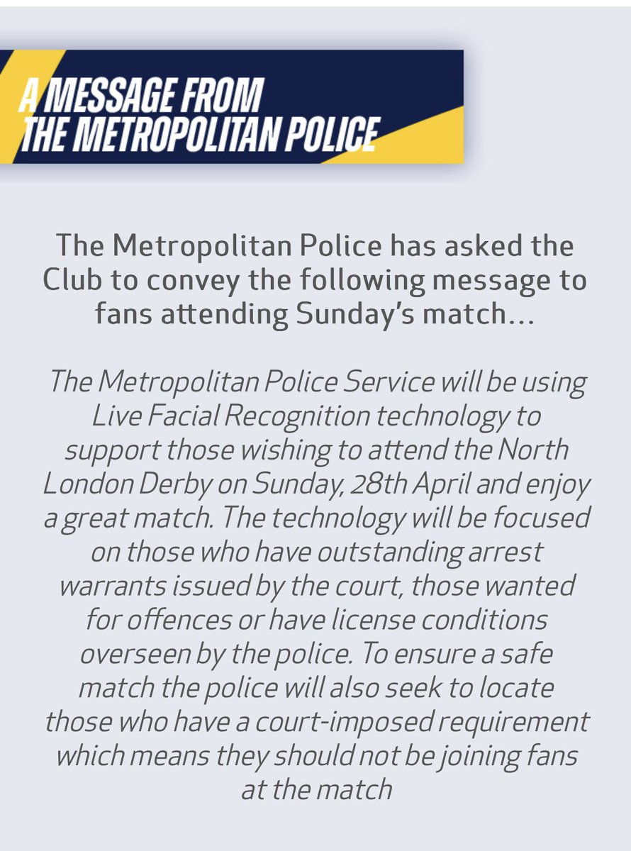 The Trust was made aware of the potential police deployment of Live Facial Recognition on the public highway on the day of the North London Derby and attended a planning meeting with the police, the clubs and representatives of opposition supporters where we raised our concerns