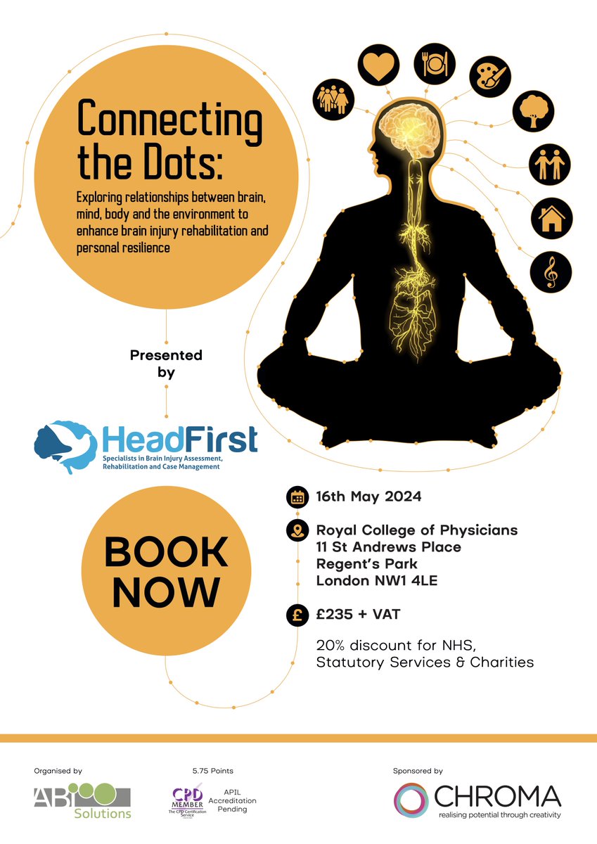 Just under 4 weeks left until our 2024 conference: Connecting the Dots.

Thursday 16th May 2024.

Info about the conference and booking can be found here: link.head-first.org/BookNow

We are looking forward to seeing you there! 
<a href="/abi_solutions/">ABI Solutions</a> @wearechrom

#braininjury #brainmindbody