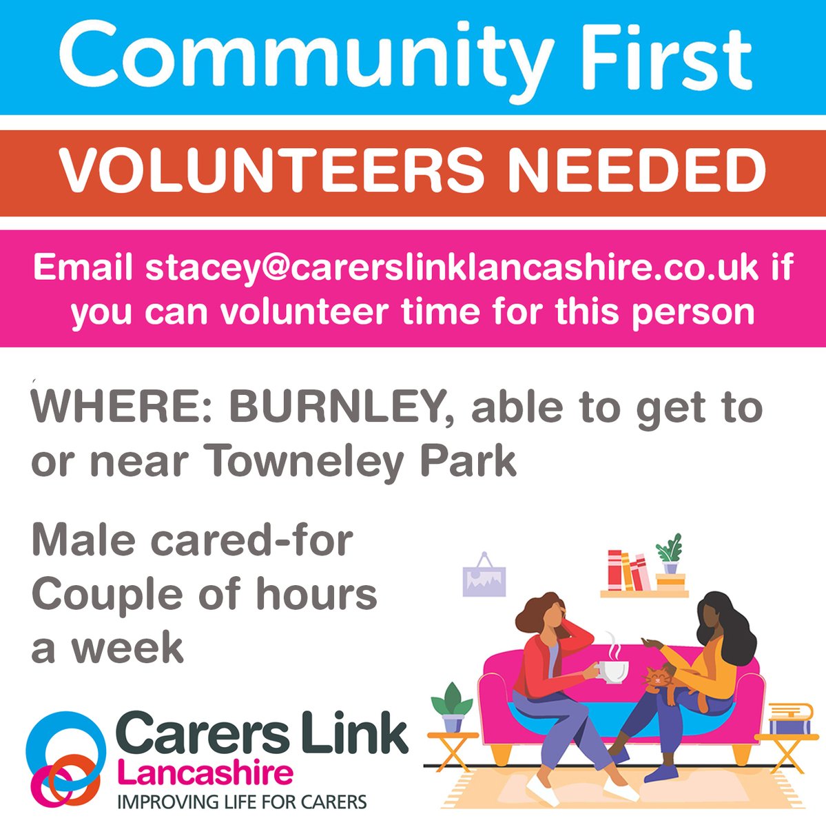 Could you volunteer just a couple of hours a week to spend some down time watching tv or playing games with a cared-for and allow their carer a short break to do things like personal appointments, errands, or just time for a relaxing walk? Email stacey@carerslinklancashire.co.uk