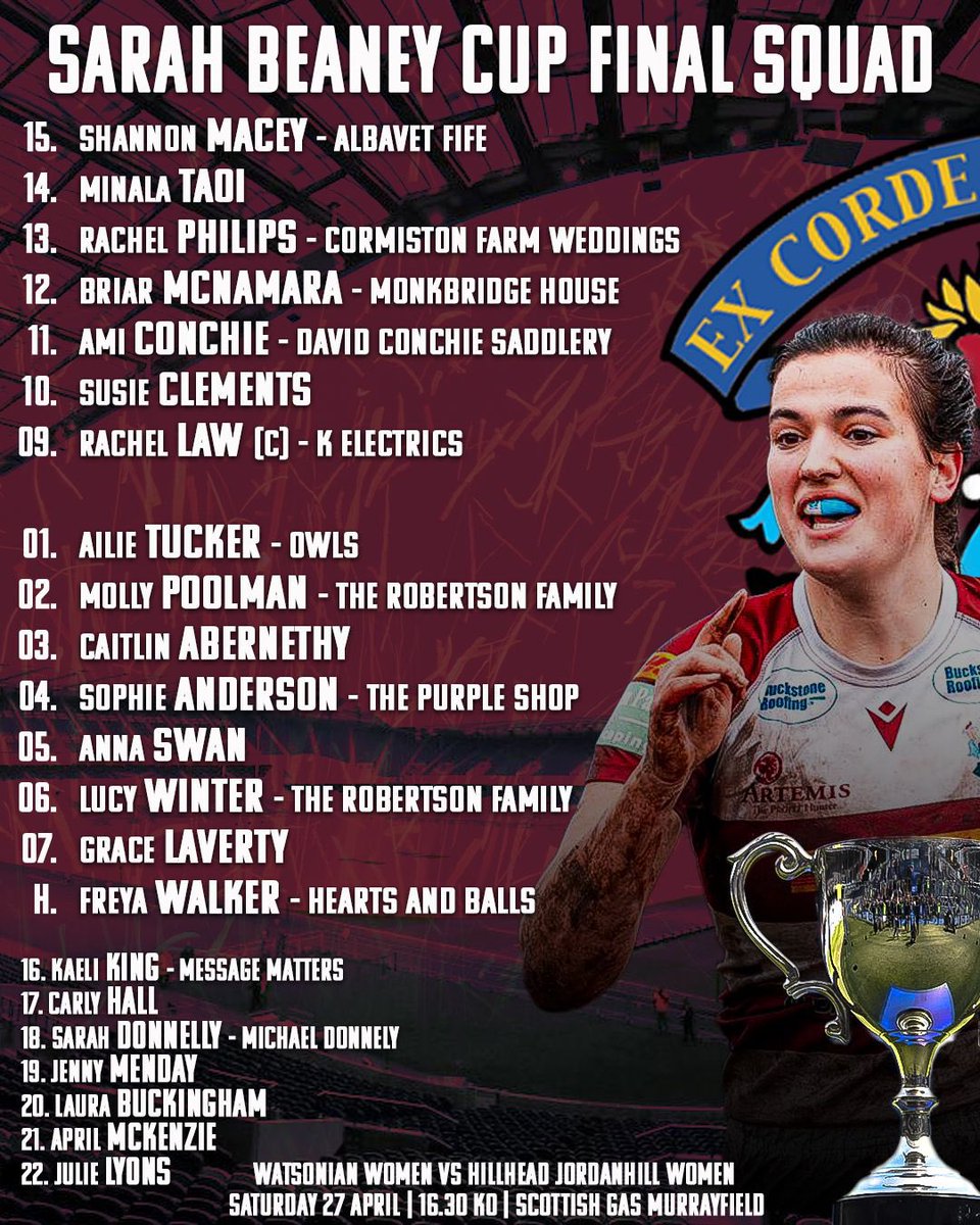 TEAM NEWS 🗞️ Here are your Watsonian Women who will take on @hilljillsrugby in the FINAL of the Sarah Beany Cup tomorrow 😤 Get down to Scottish Gas Murrayfield to support them 🔥