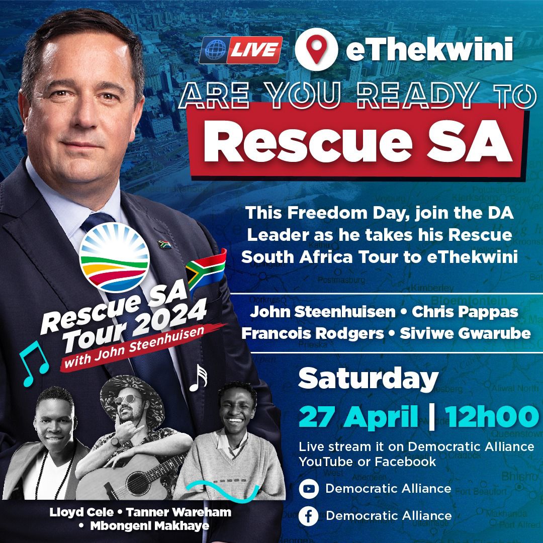 📺 DA Leader John Steenhuisen will be taking his #RescueSAtour to eThekwini on Freedom Day tomorrow, 27 April.

Tune in to our Facebook and YouTube pages to catch the DA's plans to rescue KZN from years of ANC decay: youtube.com/live/4nfkukrcU…

#RescueSA