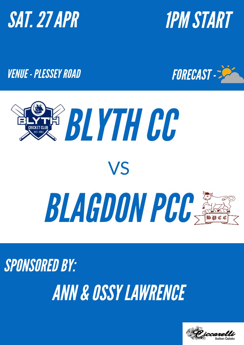 Tomorrow the firsts welcome Blagdon Park CC to Plessey Road for our first home game of the season!

#HowayBlyth