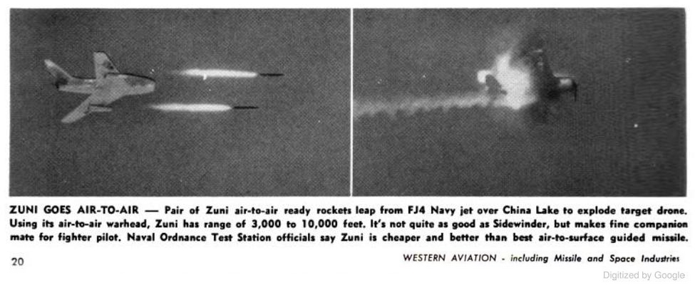 A pair of Zuni 5-inch FFAR (Folding-Fin Aircraft Rocket) launched from an FJ4 against an aerial target drone. The Zuni was developed for both air-to-air and air-to-ground operations. Circa 1959.

📷 google.gr/books/edition/… 👁‍🗨 @googlebooks