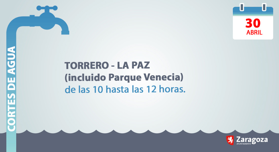 ⚠️⚠️Debido a la instalación de sistemas fotovoltaicos en los depósitos de agua de las Canteras, el distrito Torrero - La Paz (incluido Parque Venecia) se quedará sin suministro de agua el martes 30ABR, de 10 a 12h. aprox.