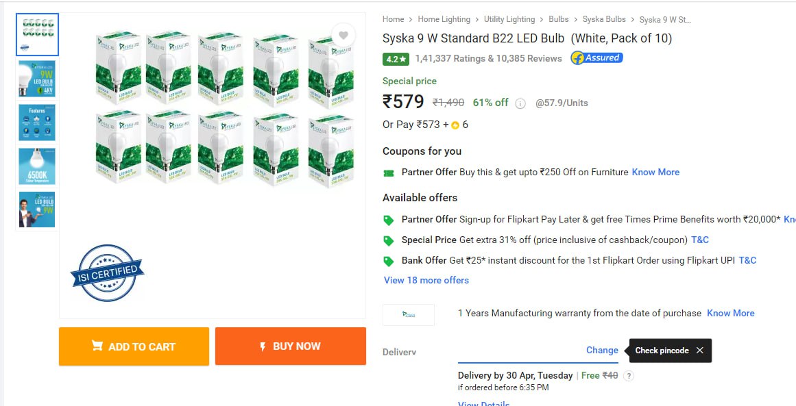 💥Syska 9 W Standard B22 LED Bulb  (Pack of 10) @579🎉

 fkrt.to/A61wsAAM

#roobai #roobaioffl #StealDeal #Exclusive #bestoffers #onlineshopping #ecommerce #shoponline #business #deals #tips #shoppingonline #visit #sale #sale #fashion #shopping