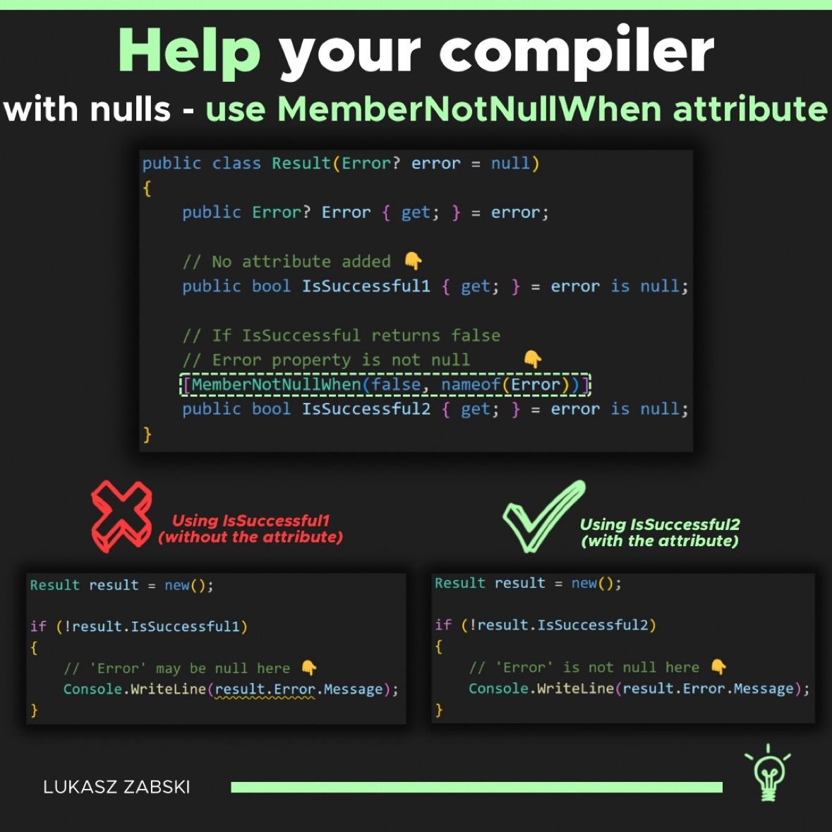 Dave_DotNet's tweet image. C# [MemberNotNullWhen] attribute  💡

The [MemberNotNullWhen] attribute helps the compiler in indicating under what conditions the mentioned field or property is not null which improves static analysis of code.

Have you used it before?

Thanks to Łukasz Żabski on LinkedIn for…