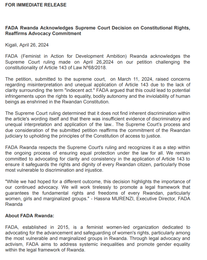 berabose_'s tweet photo. "...We will work tirelessly to promote a legal framework that guarantees the fundamental rights and freedoms of every Rwandan, particularly women." @MCTHassna, ED @FADArwanda 
Read the full statement below: https://t.co/9w73gbnxFx