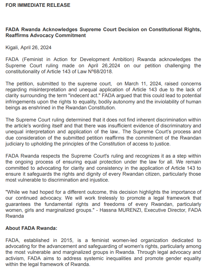 '...We will work tirelessly to promote a legal framework that guarantees the fundamental rights and freedoms of every Rwandan, particularly women.' @MCTHassna, ED @FADArwanda Read the full statement below: