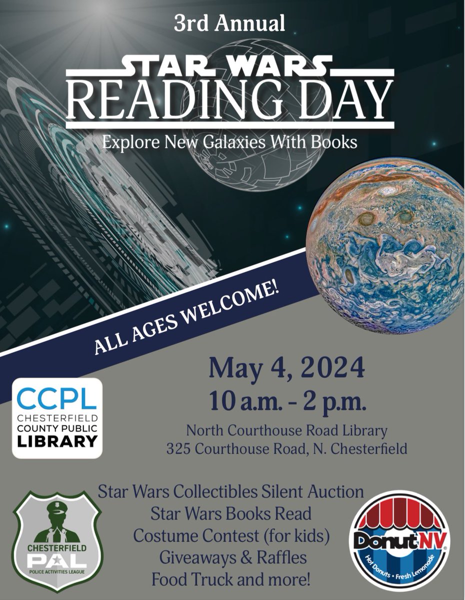 Star Wars Reading Day is almost here! Please join Chesterfield PAL at the North Courthouse Library (325 Courthouse Rd) on May 4th for books, giveaways, raffles, silent auction, and so much more! May the 4th be with youtu.be/NF-YI7HoxFQ?si…